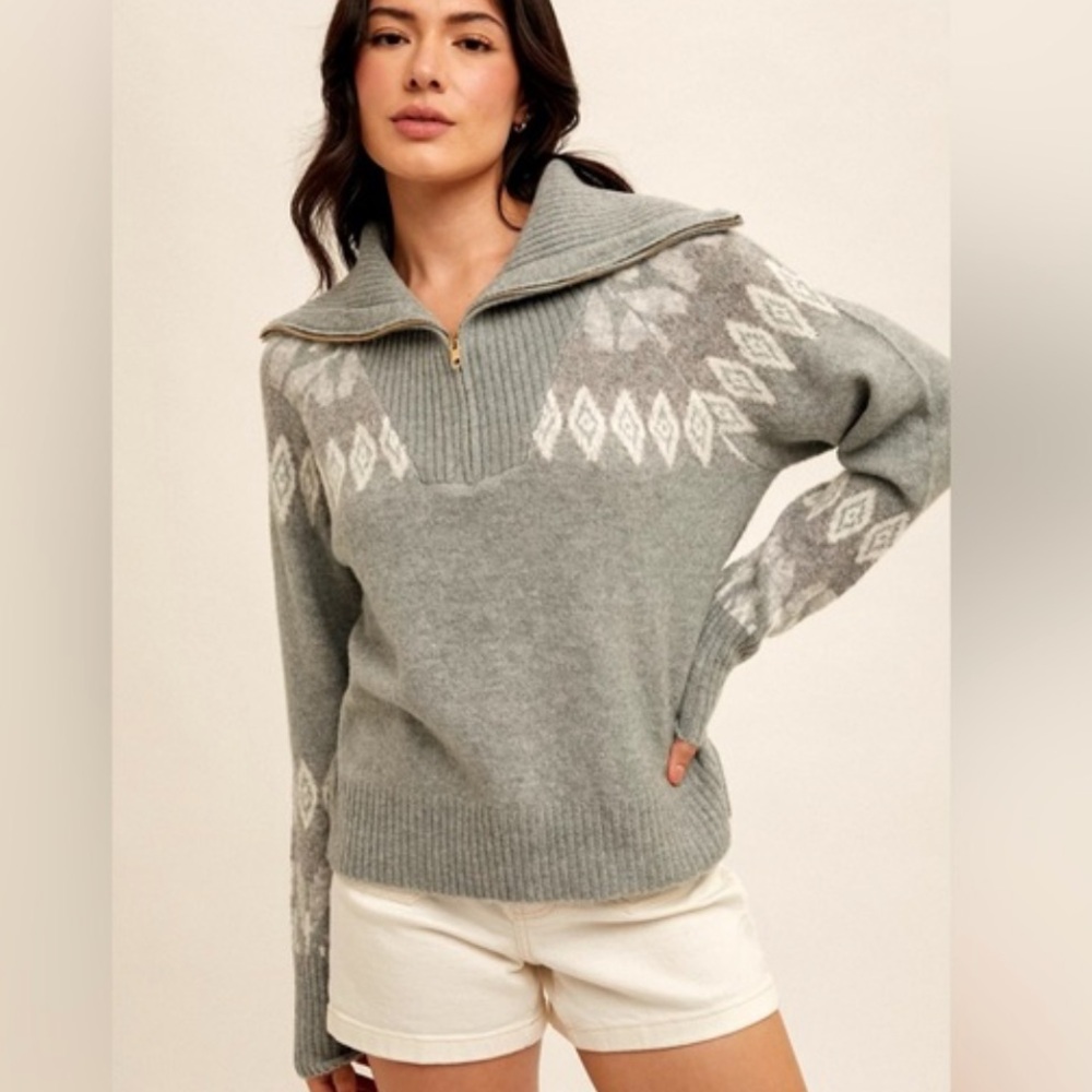 Hem & Thread Gray Green Patterned Women's Sweater Large